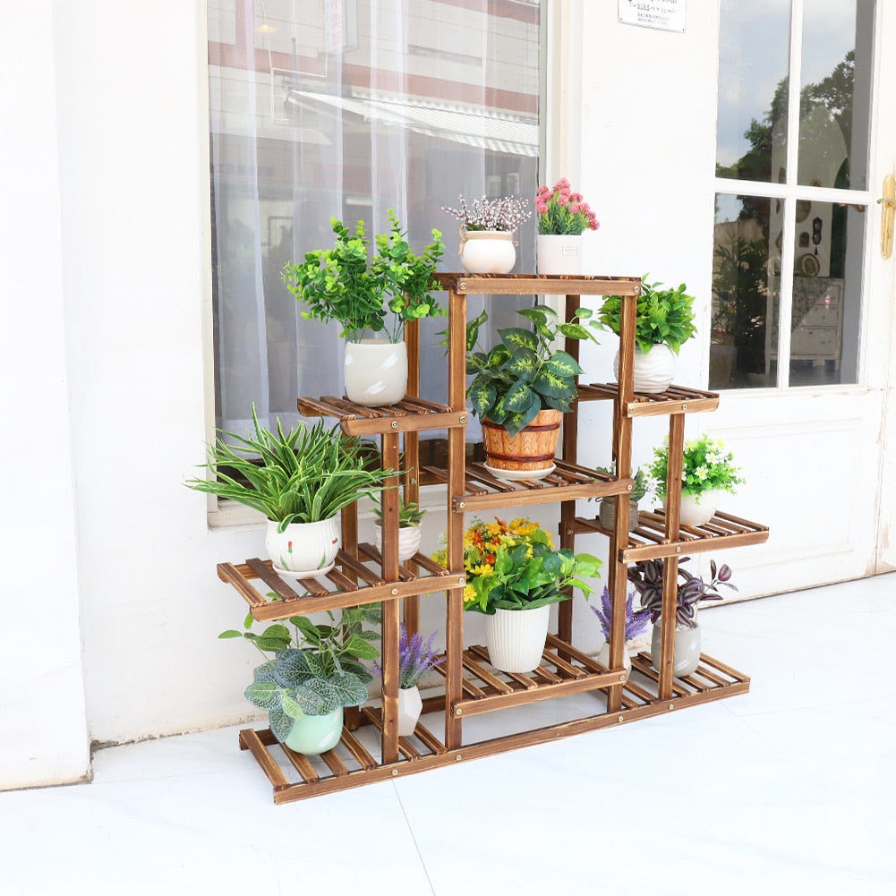 WoodBloom™ 9-Tier Indoor Plant Stand – Wooden Multi-Layer Decor Shelf